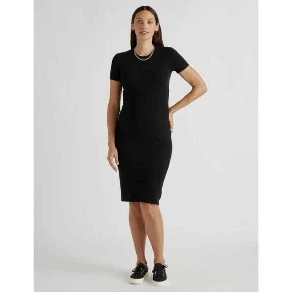 Quince Black Short-Sleeve Midi Dress NWT